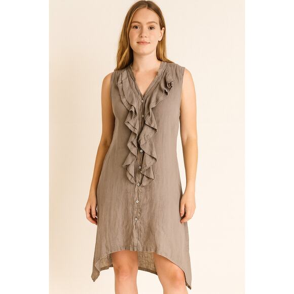 Terzo Millennio Women's SZ 12/M/44 Linen Sleeveless Ruffle Front Dress Back Lace - Picture 1 of 9